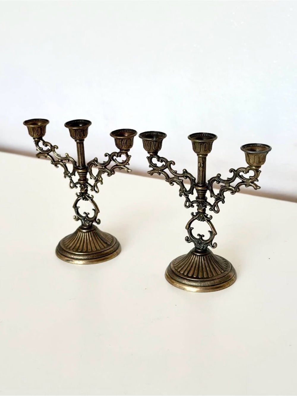 Vintage Ornate Brass 3-Arm Candelabra Candle Holder Set
